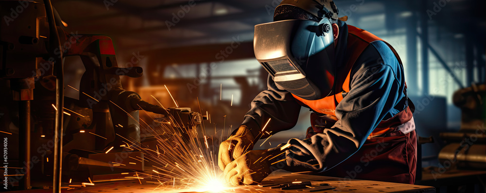 Welder welding metal contruction parts. banner Welder welding metal contruction parts. banner