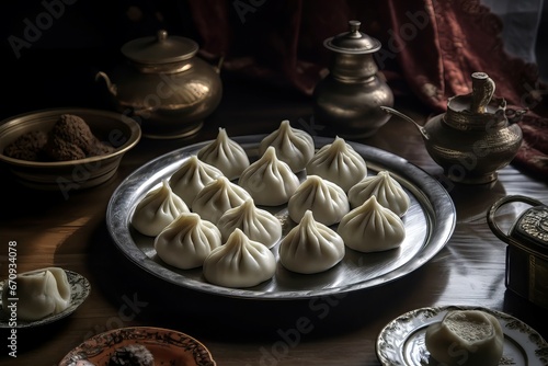 Modaks hindu kitchen table. Festival religious delicious sweet thali. Generate Ai photo