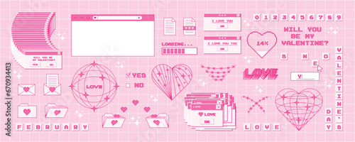 Set of stickers for Valentine's Day in trendy y2k style. Old computer aesthetics from the 90s, 00s. Retro PC elements, user interface. Vector illustration