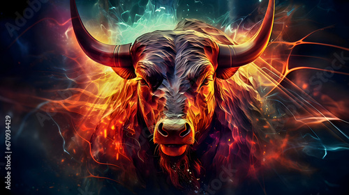 Bull / Bullish in Stock Market: Frontal view of a big bull created with vibrant colors - Bullish VS Bearish (Trading/Stocks terms): Close-up view of a bullish element (colorful illustration) photo