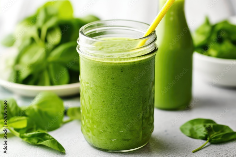 green smoothie in a jar with mint leaves and straws nearby green smoothie in a jar with mint leaves and straws nearby