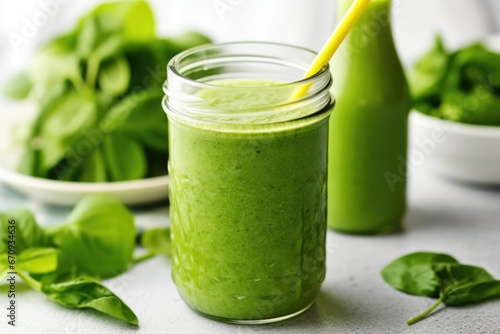green smoothie in a jar with mint leaves and straws nearby