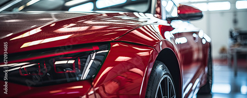 Car detailing close up.: man cleaning red sport car.