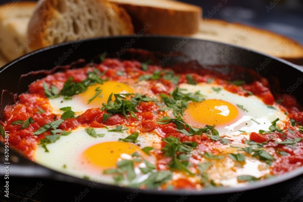 close-up side shot of shakshuka with runny yolks close-up side shot of shakshuka with runny yolks