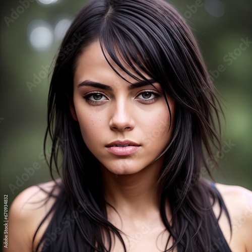 Portrait of a brunette girl, outdoors. Generative AI