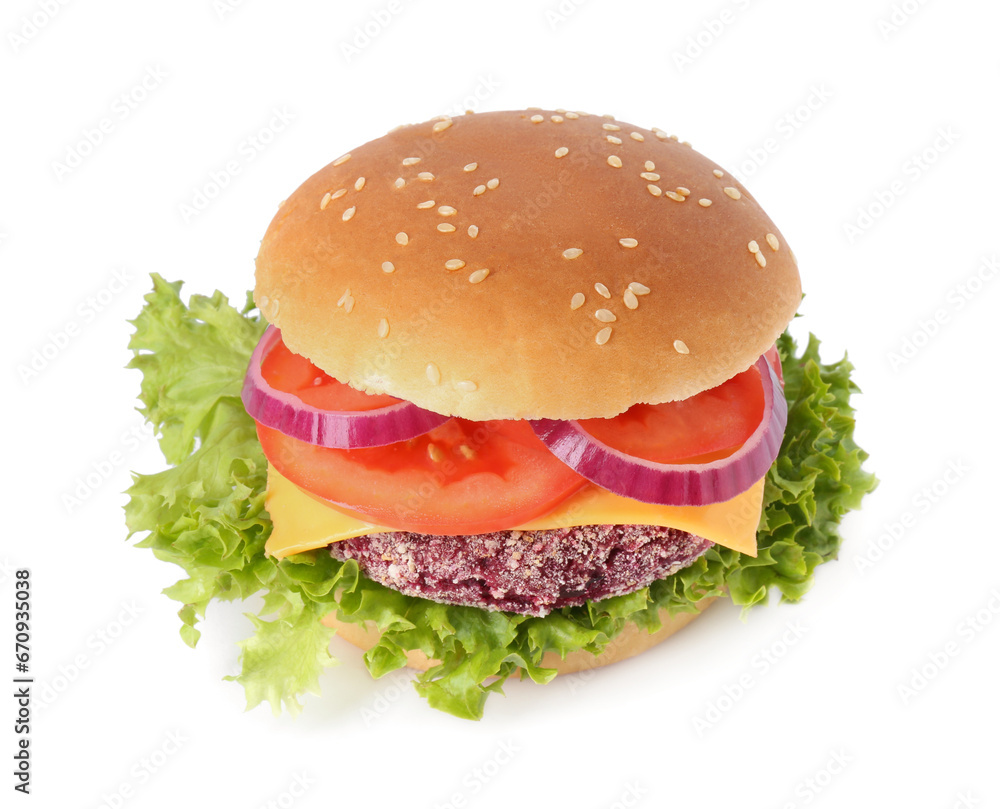 Tasty vegetarian burger with beet patty isolated on white Tasty vegetarian burger with beet patty isolated on white