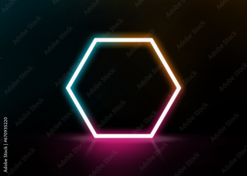Glowing hexagonal neon frame on black background, space for text Glowing hexagonal neon frame on black background, space for text