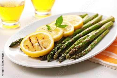 grilled asparagus on a white plate with lemon wedges