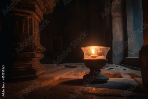 Oil lamp dark interior. Fire night nature light candlestick. Generate Ai