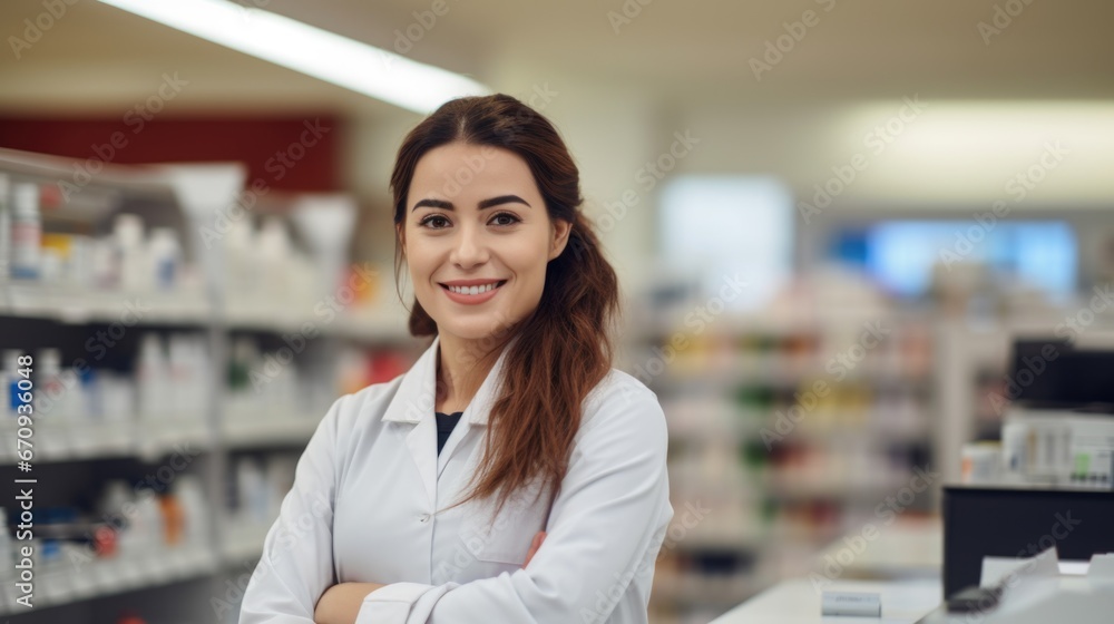 A female pharmacist in a pharmacy background and copyspace.