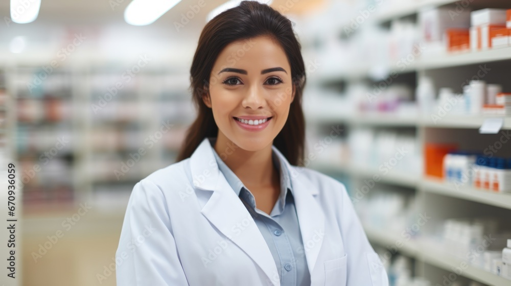 A female pharmacist in a pharmacy background and copyspace. A female pharmacist in a pharmacy background and copyspace.