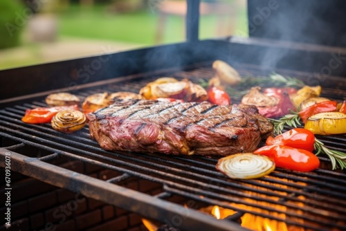 outdoor barbecue grill with smoking porterhouse steak