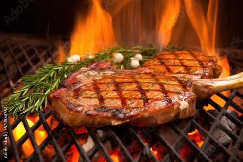 veal chops on a grill with flame