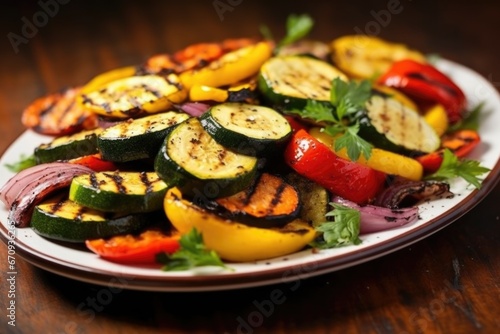 ceramic plate of grilled veggies dusted with seasoning