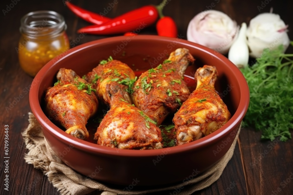 drumsticks marinating in jerk sauce in a ceramic bowl