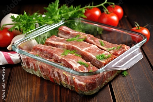 cooked ribs in a glass dish ready for the oven