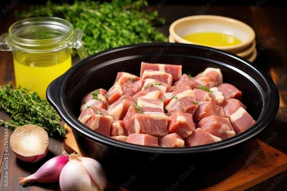 raw pork belly slices placed in a ceramic bowl with marinade raw pork belly slices placed in a ceramic bowl with marinade