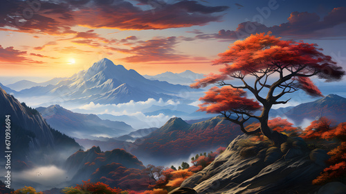 Transport yourself to the mystic beauty of autumn in the mountains, where trees are aflame with color amidst a backdrop of misty peaks. This highly detailed background sets an epic scene.