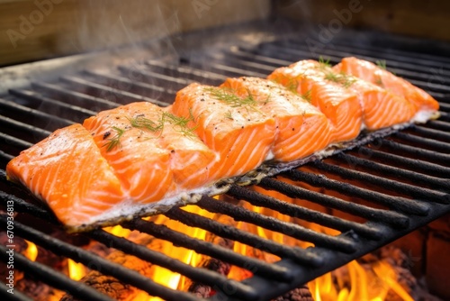 salmon fillet sizzling on a rustic outdoor grill