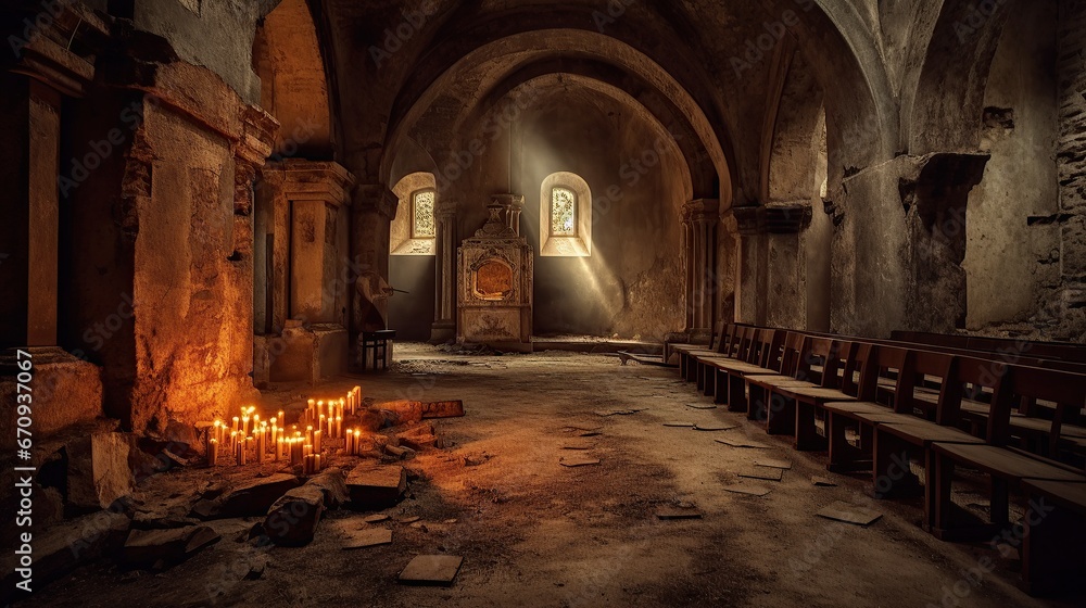 Ancient chapel interior with dim light and some ruins, Ancient chapel interior with dim light and some ruins,