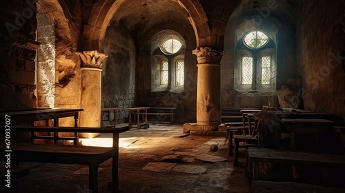 Ancient chapel interior with dim light and  some ruins 