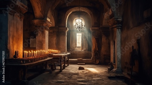 Ancient chapel interior with dim light and  some ruins,