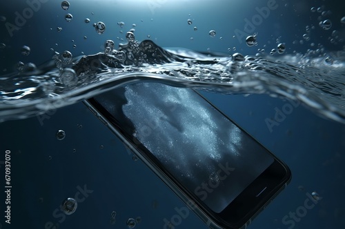 Phone in blue water splashing. Screen device cell digital. Generate Ai