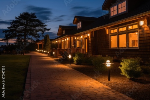 outdoor lighting fixtures on a wood-shingle house at dusk