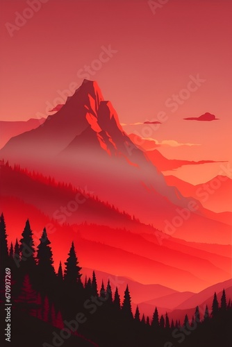 Misty mountains at sunset in red tone, vertical composition © Thanh