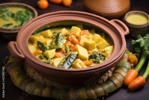 dishing out vegetable kurma from clay pot to a plate