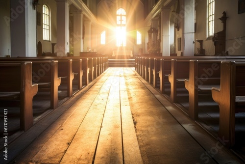 an empty aisle in a historic church with sun streaming in