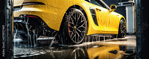 Yellow modern car in carwash. Sport car cleaning, wheel detail.