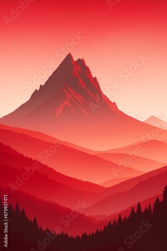 Misty mountains at sunset in red tone, vertical composition