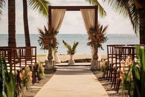 an exotic beach wedding decor featuring chairs  flowers  and aisle