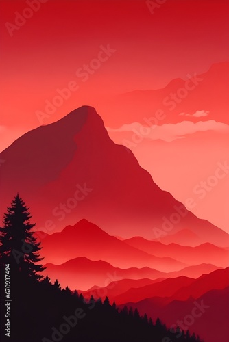 Misty mountains at sunset in red tone  vertical composition