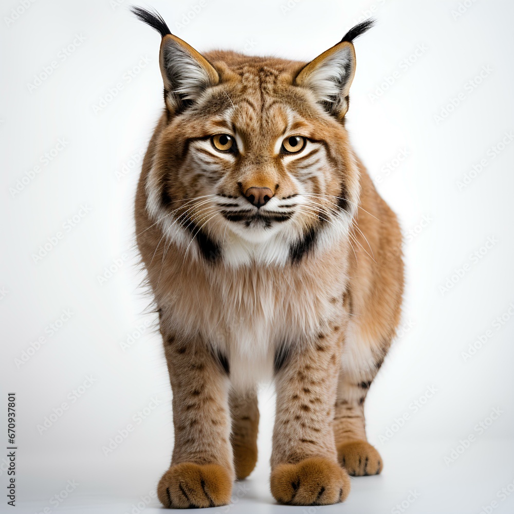 Eurasian lynx. Lynx isolated on white background with shadow. Eurasian lynx looking into the camera. Big cat wildlife