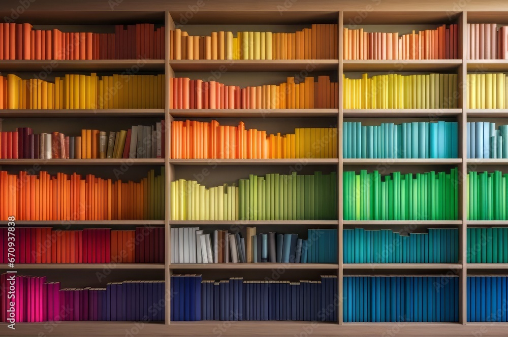 Colorful folders wooden bookshelves. Report organize stack color. Generate Ai - obrazy, fototapety, plakaty 