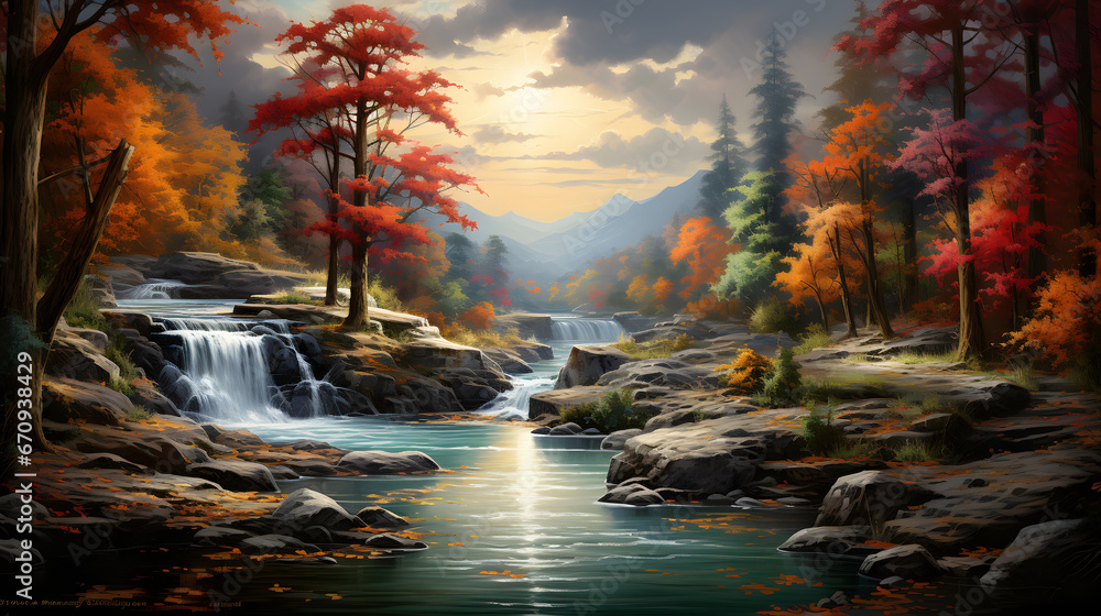 Admire an epic autumnal cascade of colorful leaves enveloping a serene waterfall. This highly detailed background evokes a sense of natural wonder.