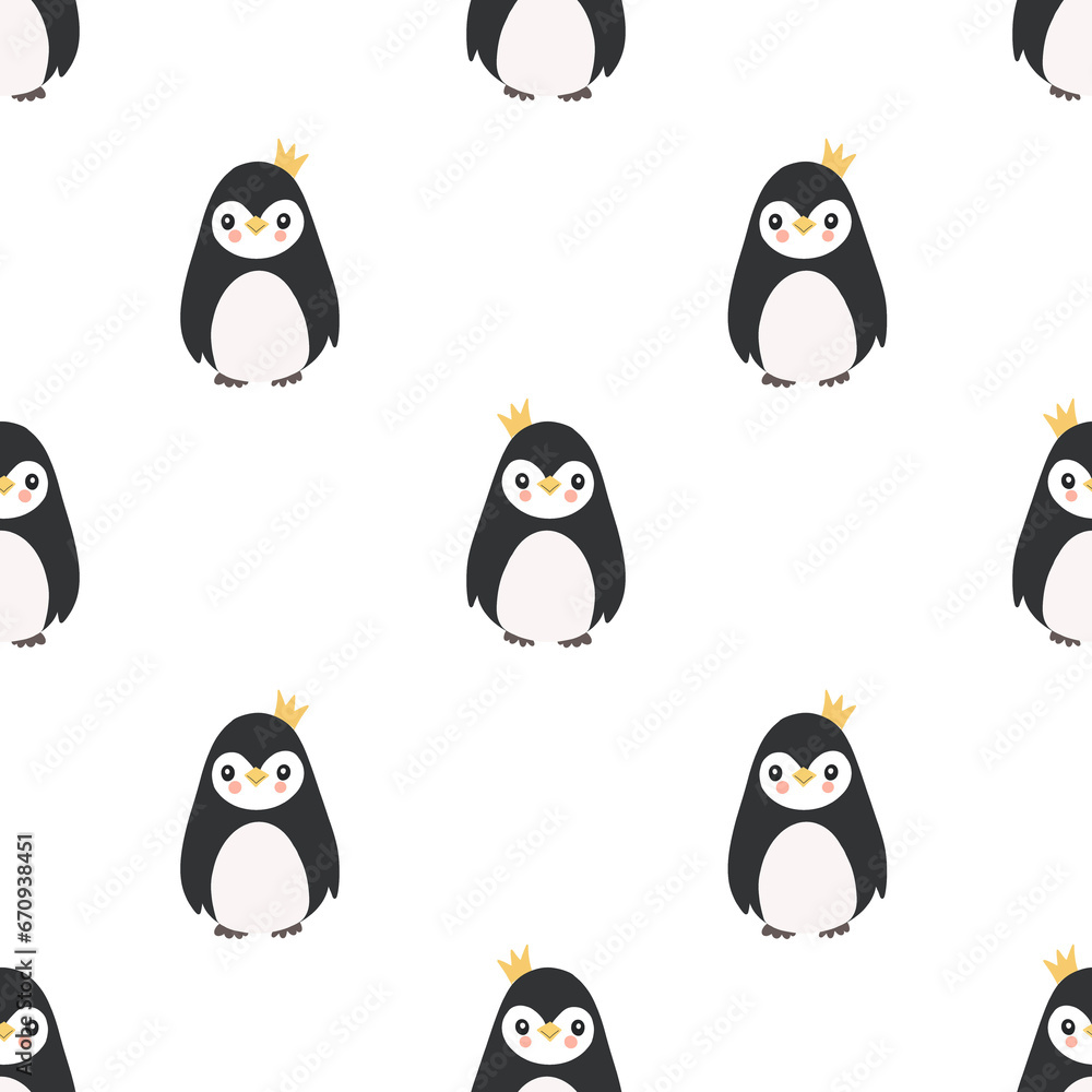 Naklejka premium Seamless pattern with penguins in yellow crown 