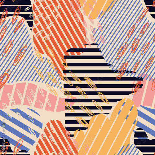 Abstract seamless pattern with line and scribble dot. Stylish vector texture with diagonal stripes, lines, and dot. Geometric colorfull graphic background.