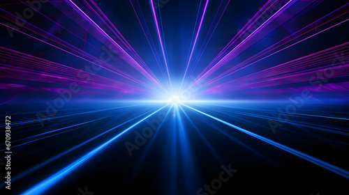 Blue and violet beams of bright laser light shining on black background. Generative AI.