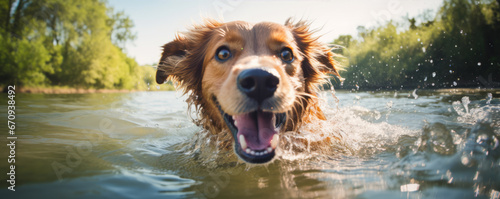 Happy dog swimm in river. Dog play in water. banner