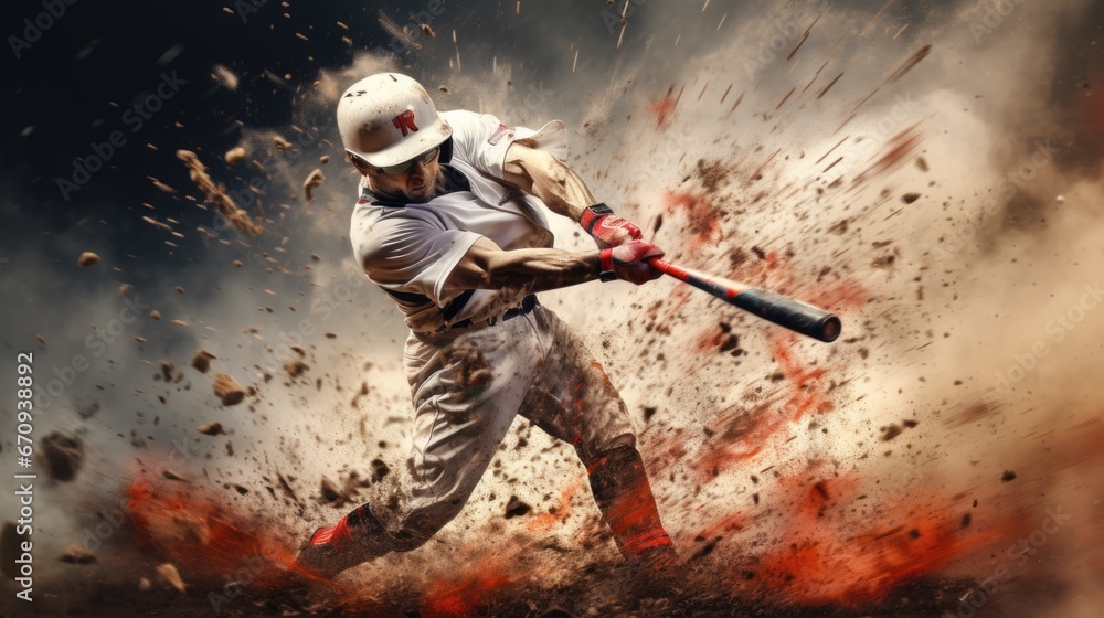 Naklejka premium Baseball player hitting ball hard.