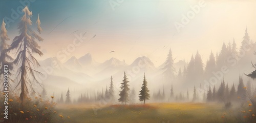 Beautiful vintage style meadow landscape. AI generated illustration