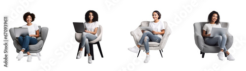 Set of Portrait of full body young woman happy smiling and sit chair using laptop computer, isolated on white background, png