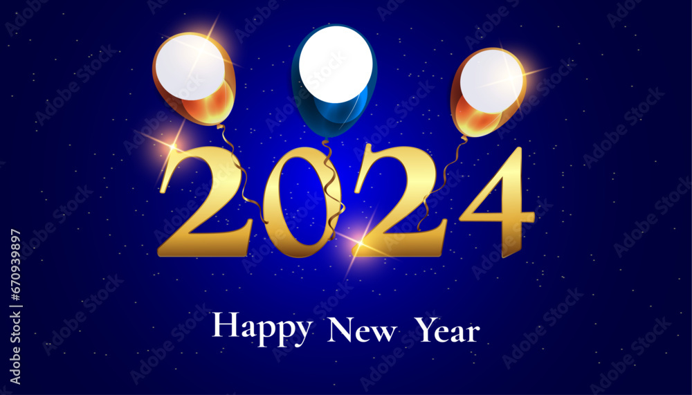 Happy New Year 2024 greeting card. Vector bright illustration with balloons and golden stars on a bright blue background. Holiday concept. Happy New Year 2024 greeting card. Vector bright illustration with balloons and golden stars on a bright blue background. Holiday concept.