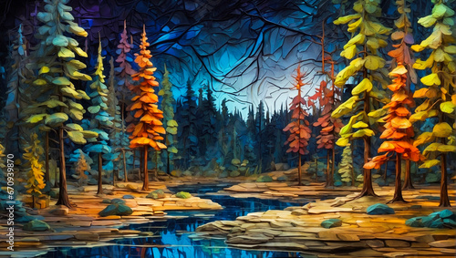 illustration of forest with colorful trees 