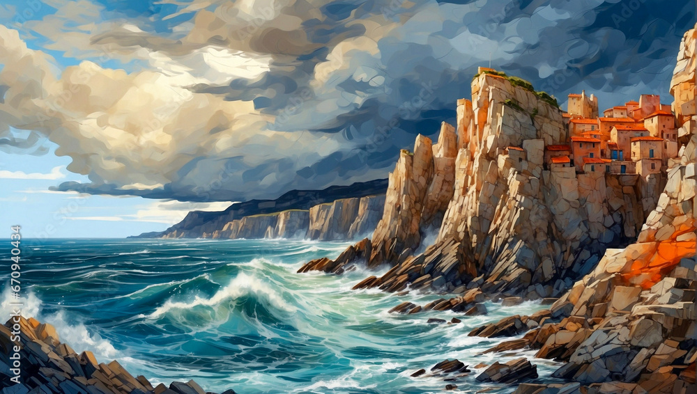 illustration of ocean landscape with cliffs
