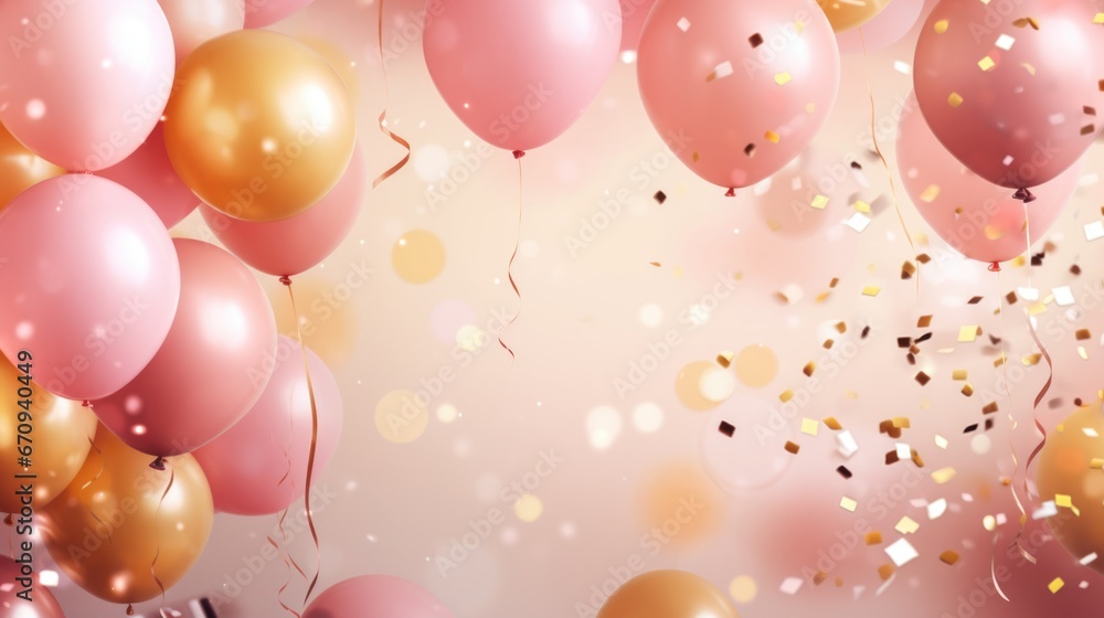 Celebration with pink confetti and golden balloons background.