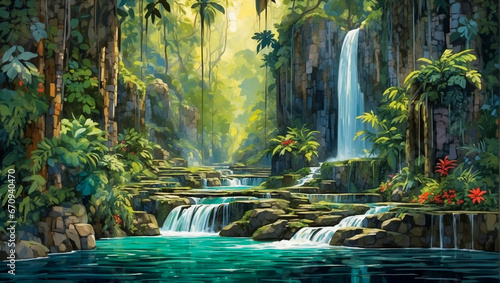 illustration of green fantasy forest with waterfall